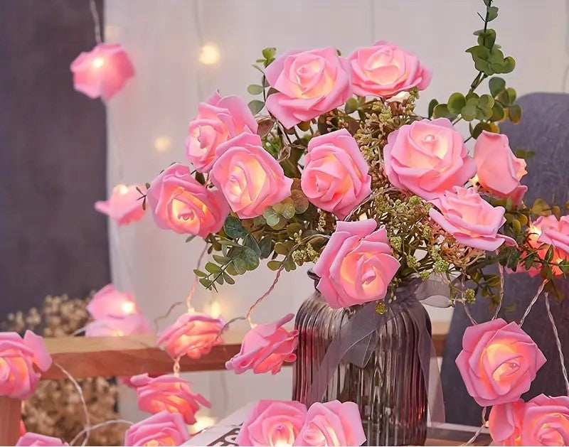 50 Pink Rose 3D Fairy Lights 5M LONG String, Battery (AA) Indoor & Outdoor Decorations Wedding Valentines Romantic Room Table Lighting
