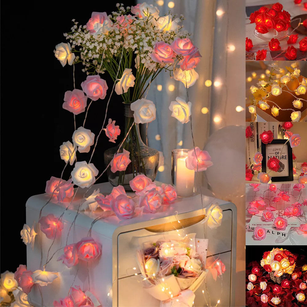 20 Pink n White Rose 3D Fairy Lights 3M String, Battery (AA) Indoor & Outdoor Decorations Wedding Valentines Romantic Room Table Lighting