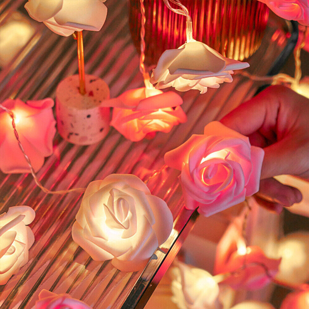 20 Pink n White Rose 3D Fairy Lights 3M String, Battery (AA) Indoor & Outdoor Decorations Wedding Valentines Romantic Room Table Lighting