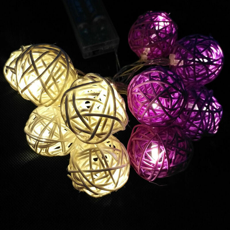 1 Set of Purple n White 5cm Rattan Cane 20 Ball Battery Powered 3m String Lights Christmas Gift Home Wedding Party Bedroom Decoration Table Centrepiece