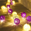 1 Set of Purple n White 5cm Rattan Cane 50 Ball Battery Powered LONG 5m String Lights Christmas Gift Home Wedding Party Bedroom Decoration Table Centrepiece