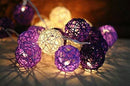 1 Set of Purple n White 5cm Rattan Cane 50 Ball Battery Powered LONG 5m String Lights Christmas Gift Home Wedding Party Bedroom Decoration Table Centrepiece