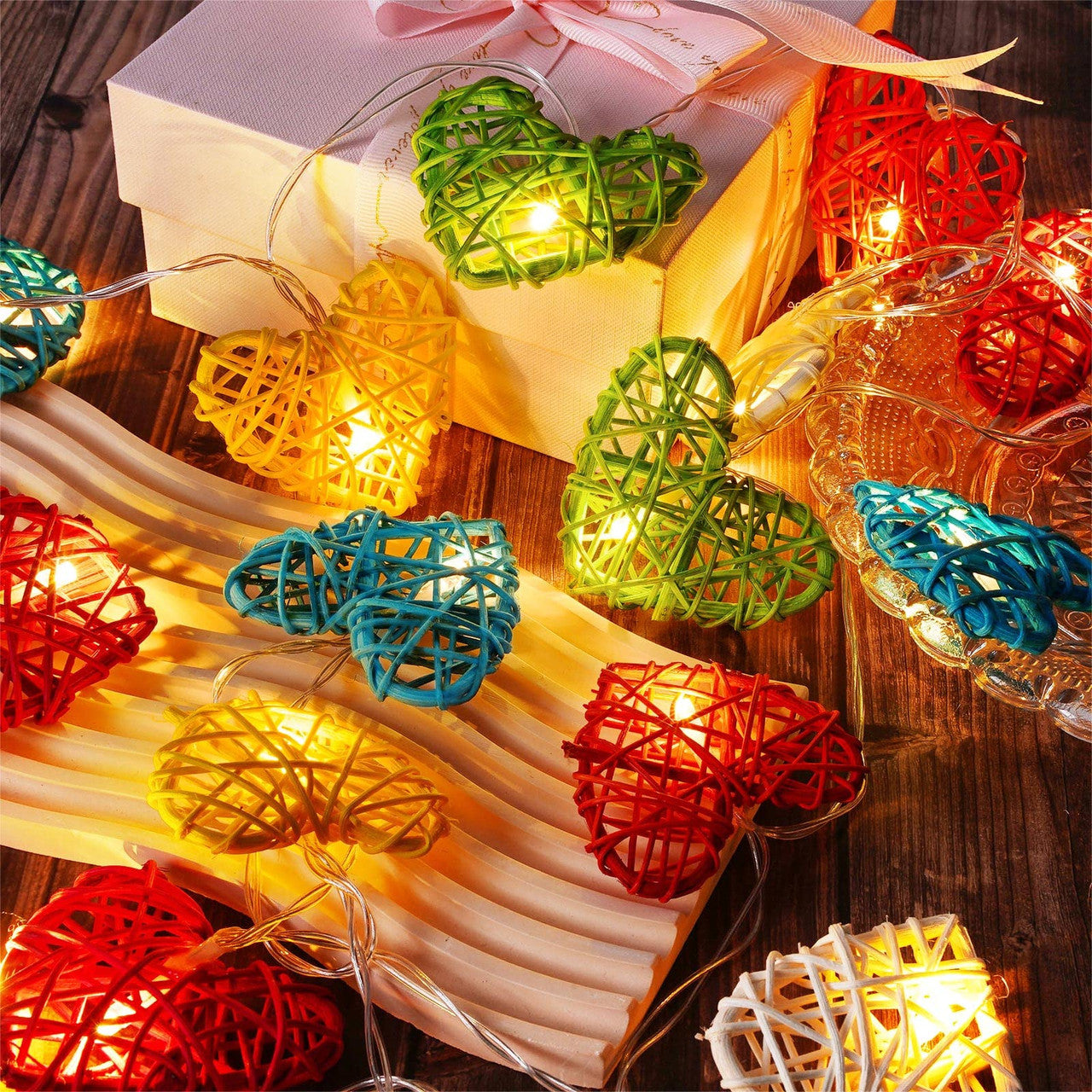 50 Rainbow 3D Hollowed Rattan Heart-Shaped 5M LONG String Fairy Lights, Battery (AA) Indoor & Outdoor Decorations Birthday Kids Celebration PartyRoom Table Lighting