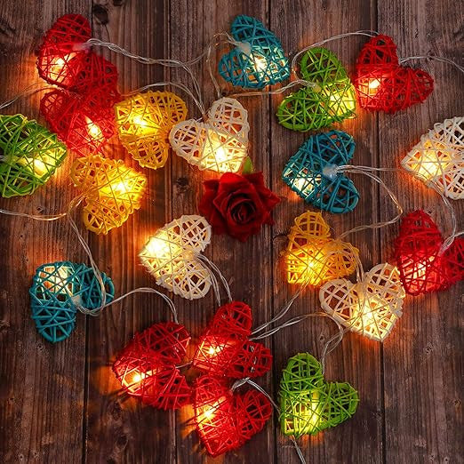 50 Rainbow 3D Hollowed Rattan Heart-Shaped 5M LONG String Fairy Lights, Battery (AA) Indoor & Outdoor Decorations Birthday Kids Celebration PartyRoom Table Lighting