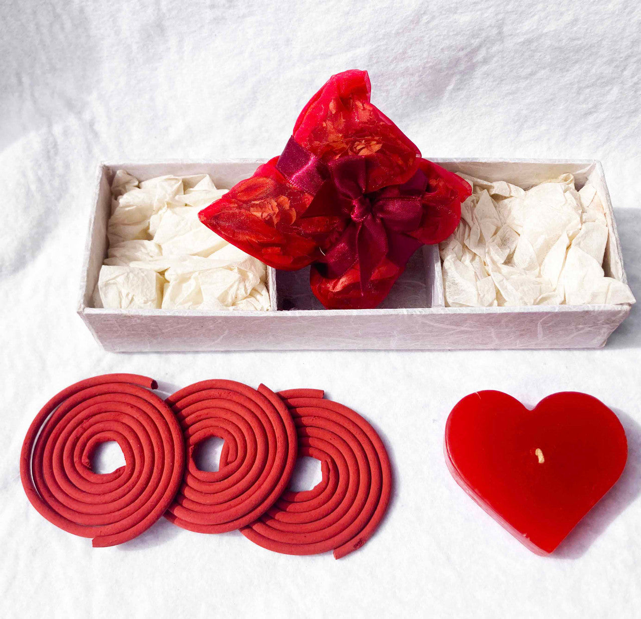 Red Heart Candle Spa Giftset - Red Heart candle, 3 Incense Coils, Pot Porri Satchet in Gift Box