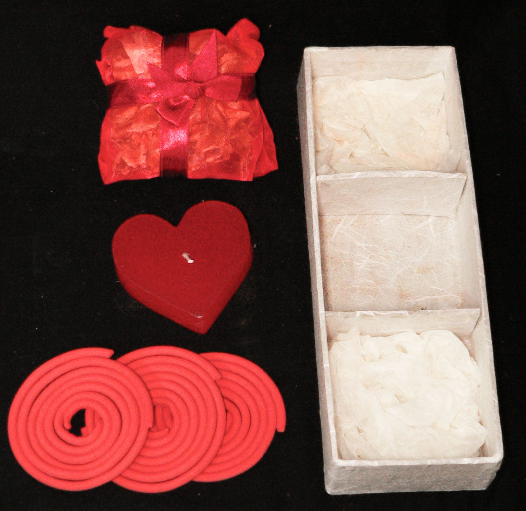 Red Heart Candle Spa Giftset - Red Heart candle, 3 Incense Coils, Pot Porri Satchet in Gift Box