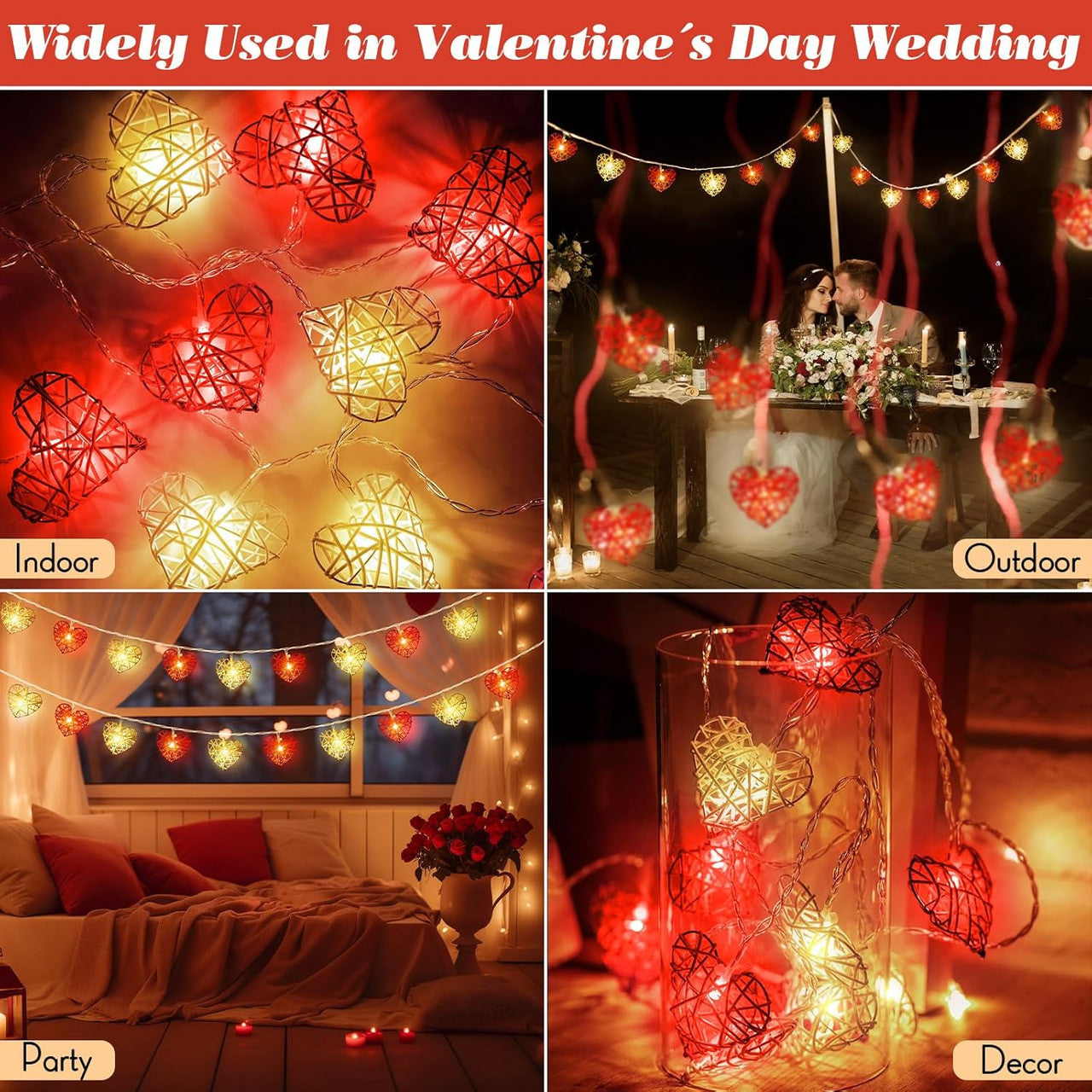 20 Red and White 3D Hollowed Rattan Heart-Shaped 3M String Fairy Lights, Battery (AA) Indoor & Outdoor Decorations Wedding Valentines Romantic Room Table Lighting
