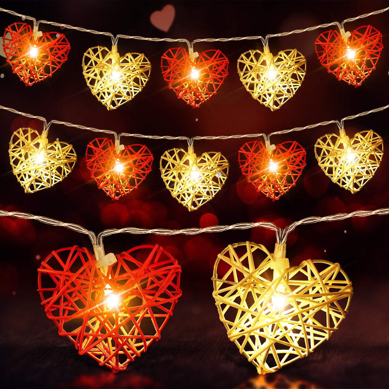 50 Red and White 3D Hollowed Rattan Heart-Shaped 5M LONG String Fairy Lights, Battery (AA) Indoor & Outdoor Decorations Wedding Valentines Romantic Room Table Lighting