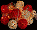 1 Set of Red and White 5cm Rattan Cane 50 Ball Battery Powered LONG 5m String Lights Christmas Gift Home Wedding Party Bedroom Decoration Table Centrepiece