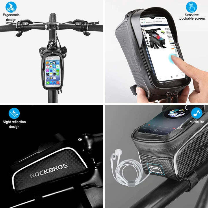 Top Tube Bike Bag With Phone Case Holder Plastic Cover for MTB Mountain Road Commuter Ebike Tourer or Scooter Rockbros