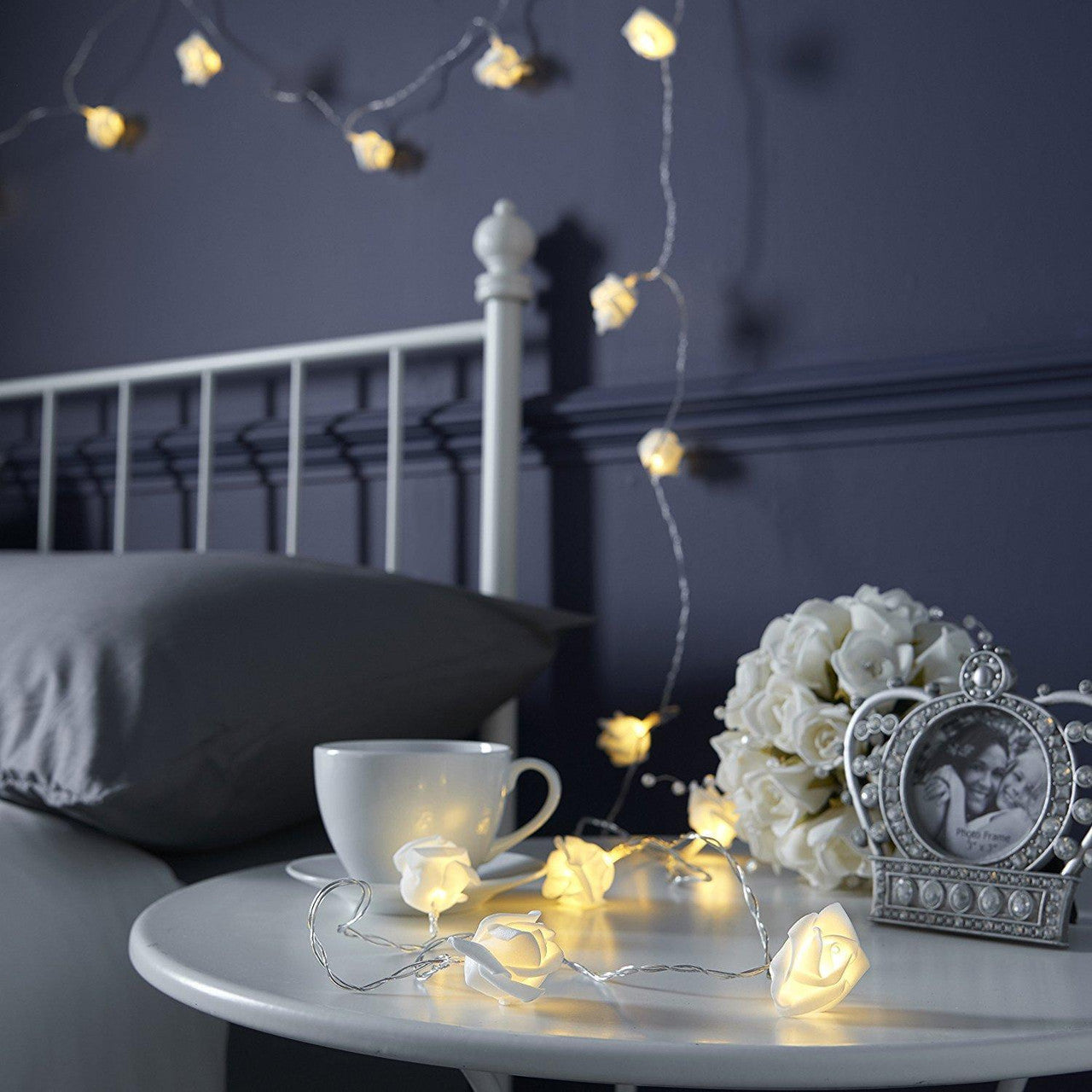 50 White Rose 3D Fairy Lights 5M LONG String, Battery (AA) Indoor & Outdoor Decorations Wedding Valentines Romantic Room Table Lighting
