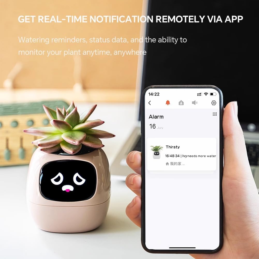 Intelligent Flower Pot, Electronic Bud, Maintenance Plant Assistant, Fun Interactive Flower Pot, Indoor Green Planting Monitoring, LCD Screen Display, Cell Phone APP Connection (Pink)