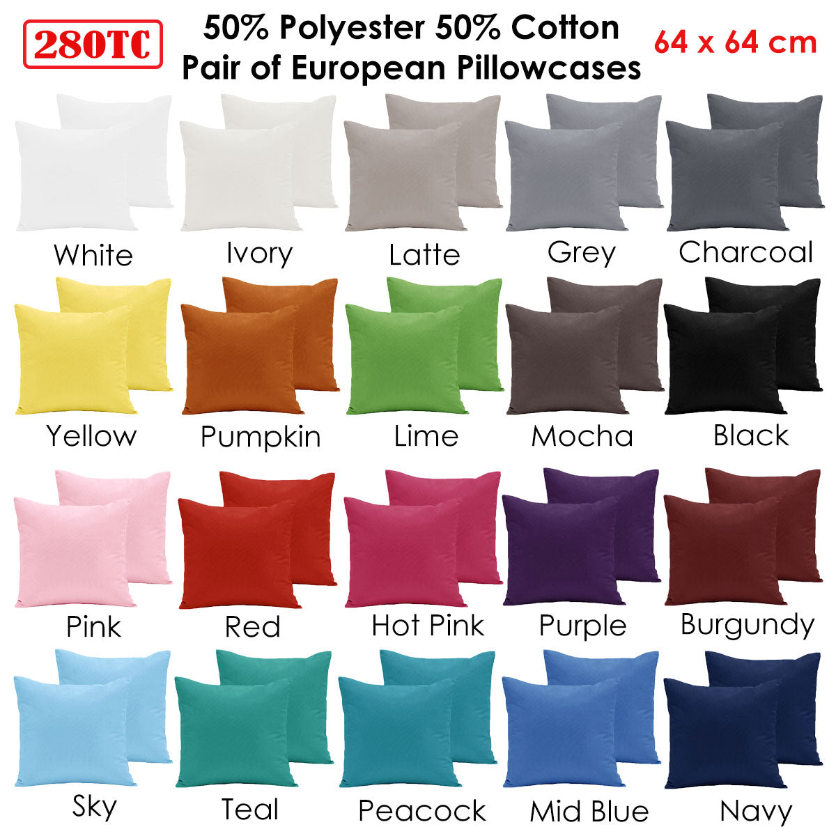 Pair of 280TC Polyester Cotton European Pillowcases Black