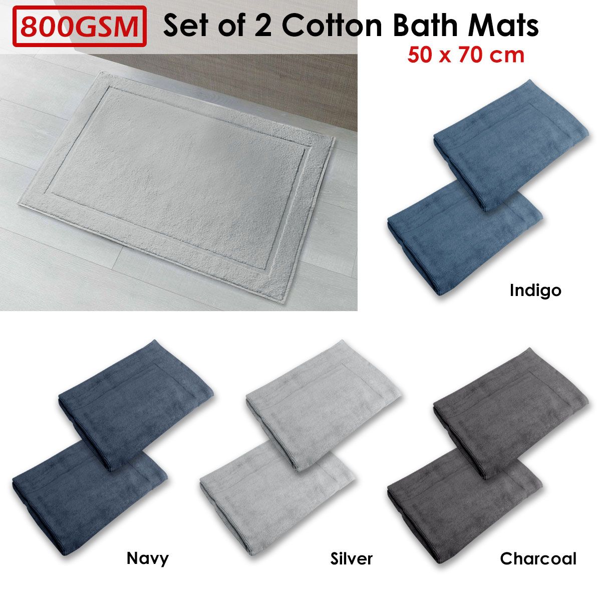 800GSM Set of 2 Cotton Bath Mats 50 x 70 cm Indigo