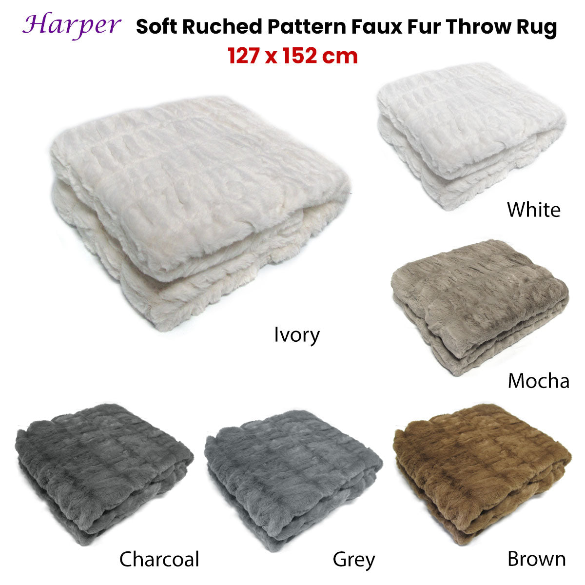 Harper Soft Ruched Pattern Faux Fur Throw Rug 127 x 152 cm Mocha