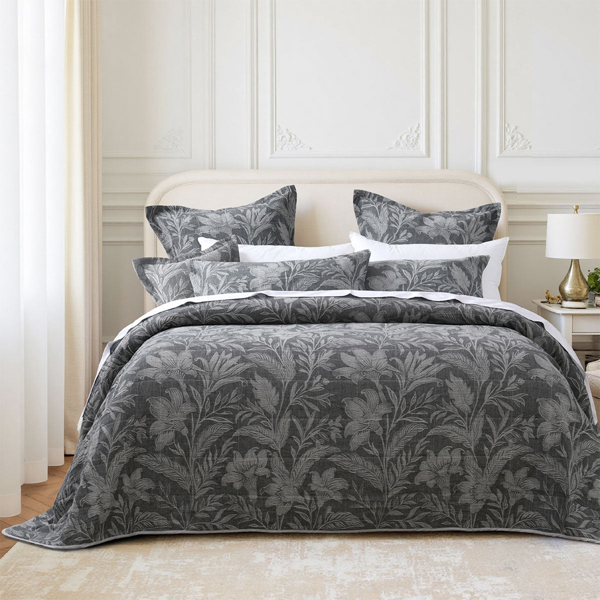 Bianca Maidstone Grey Floral Jacquard Bedspread Set King