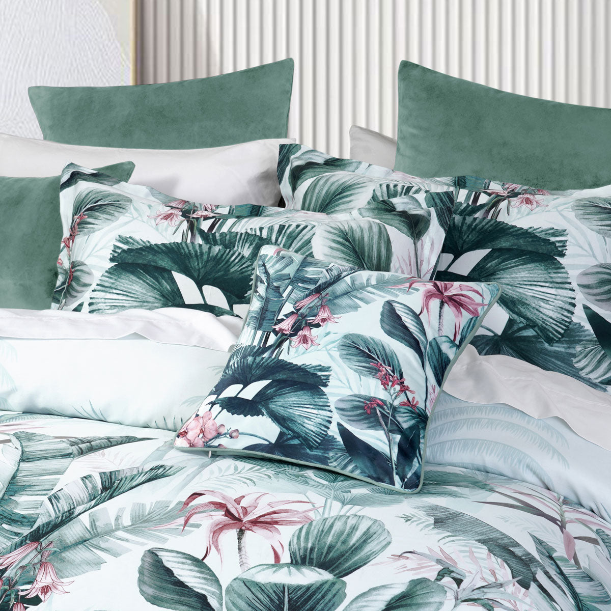 Bianca Abbey Green Cotton Sateen Tropical Floral Quilt Cover Set Super King