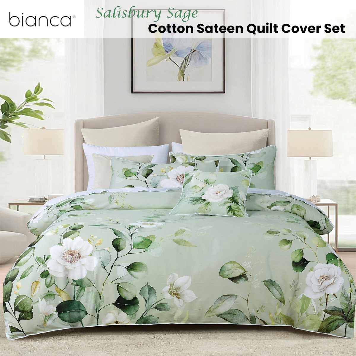 Bianca Salisbury Sage Floral Cotton Sateen Quilt Cover Set Super King