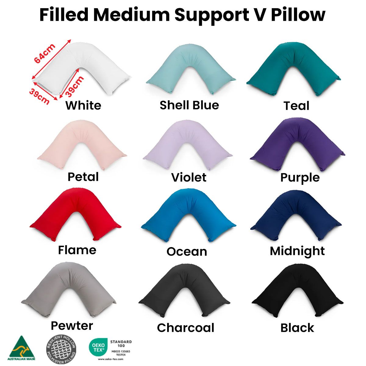 Easyrest Aus Made Medium Support Filled V Shape Pillow 64 x 39 cm Charcoal