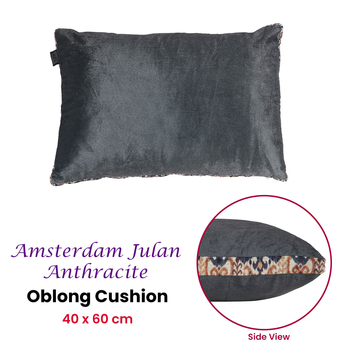KAAT Amsterdam Julan Anthracite Velvet Oblong Filled Cushion 40cm x 60cm