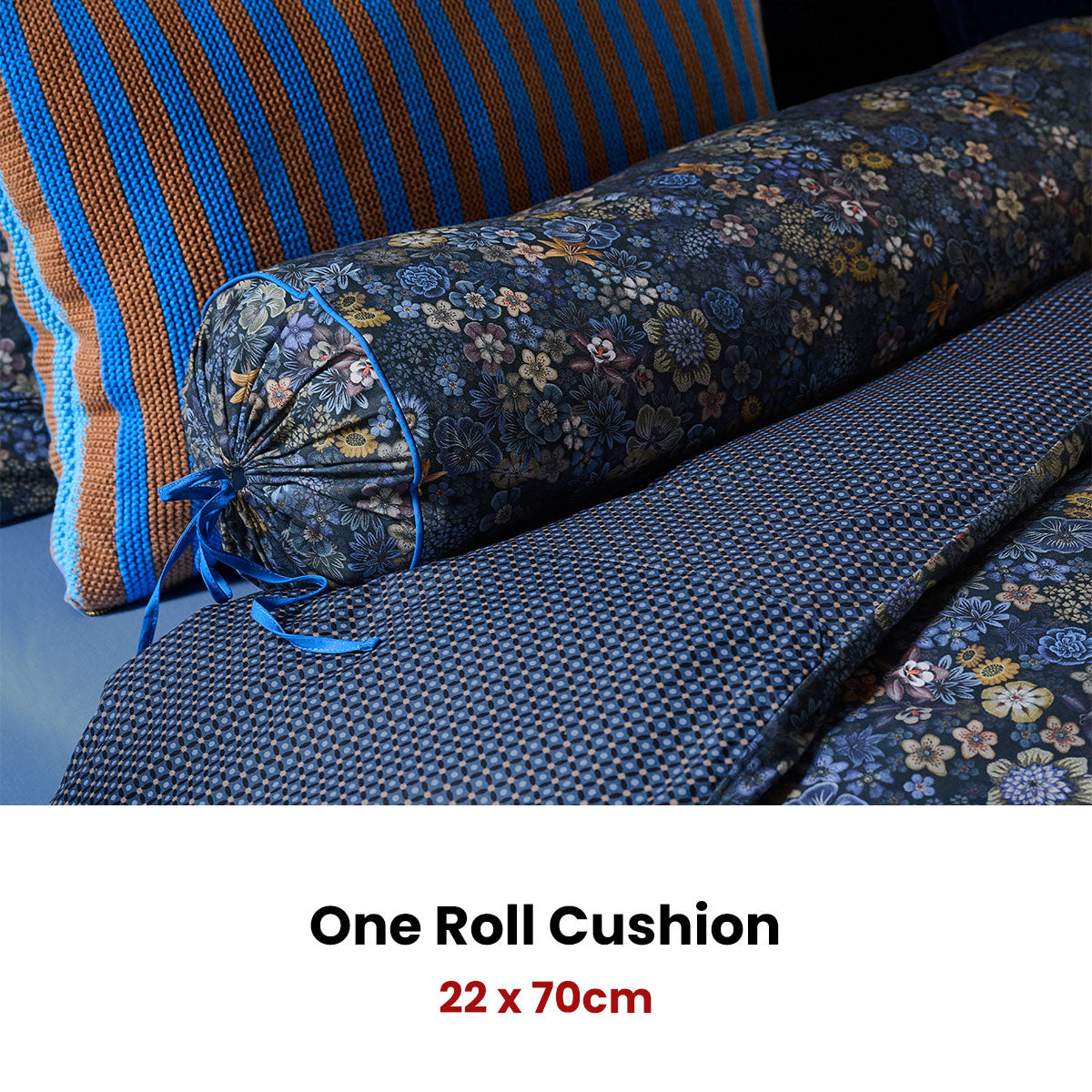 PIP Studio Tutti i Fiori Dark Blue Cotton Cover Roll Cushion 22cm x 70cm