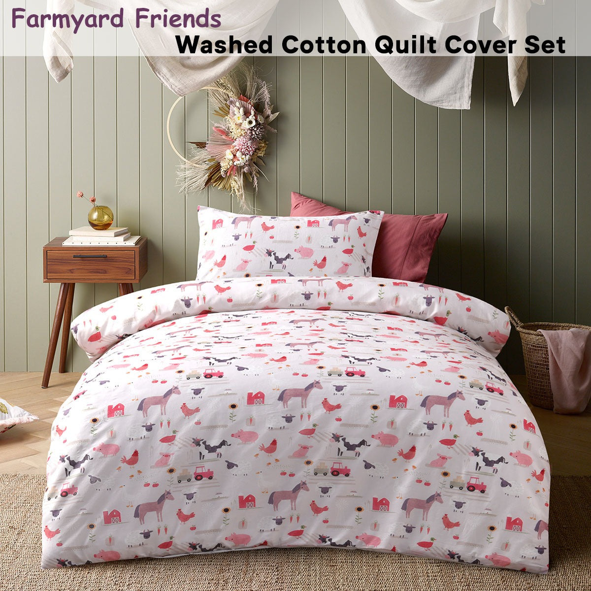 Happy Kids Farmyard Friends Washed Quilt Cover Set Double