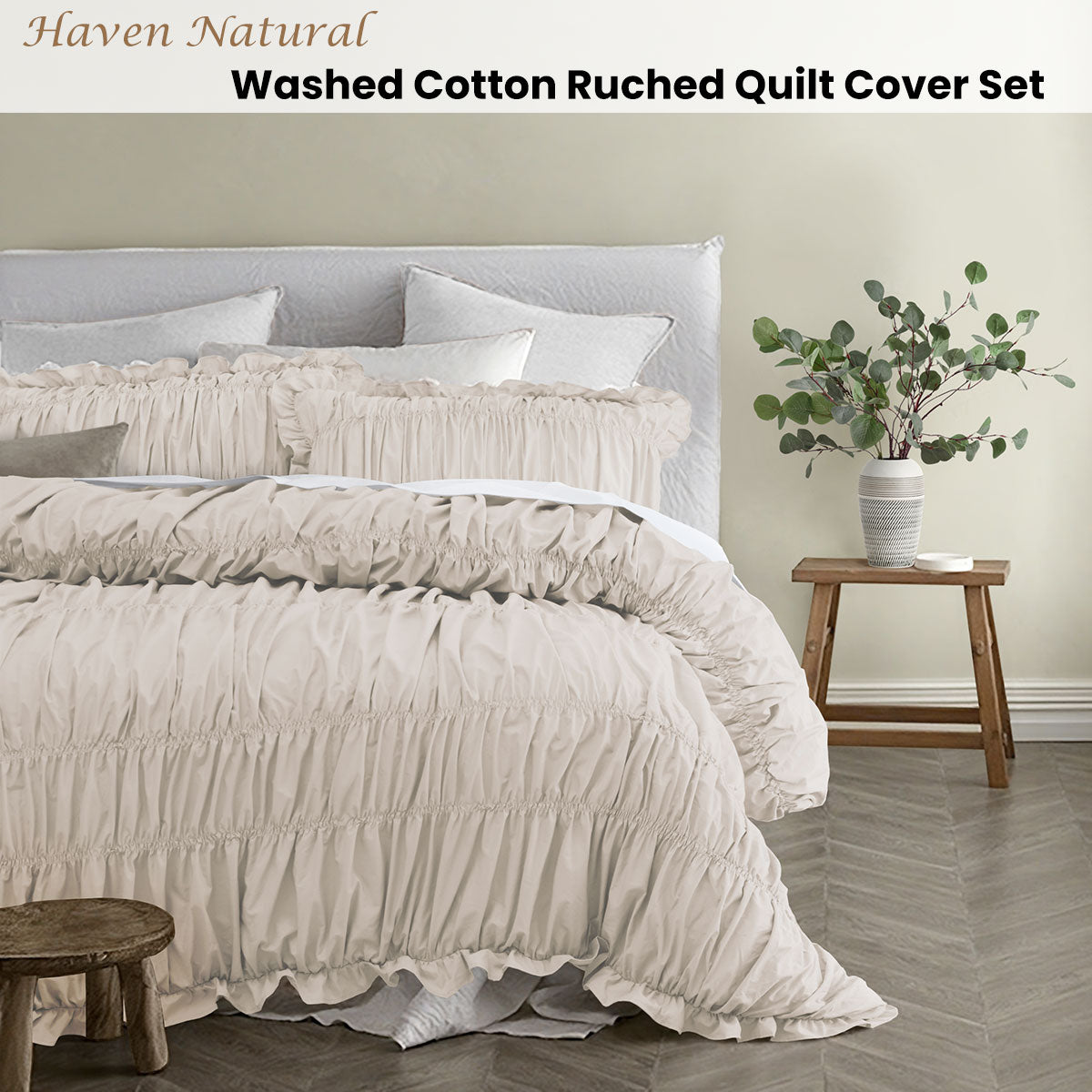 Vintage Design Homewares Haven Natural Washed Cotton Ruched Quilt Cover Set Single