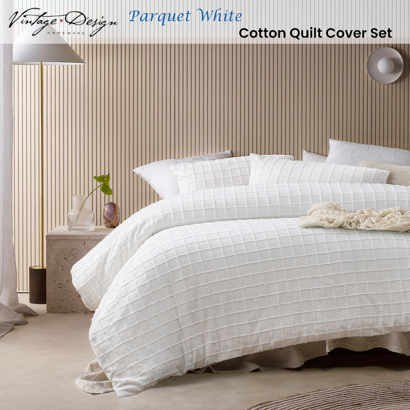 Vintage Design Homewares Parquet White Cotton Quilt Cover Set Queen