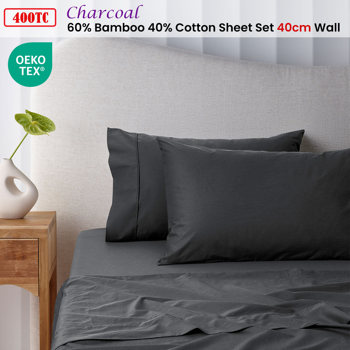 Accessorize 400TC Bamboo Cotton Sheet Set - Charcoal King Single