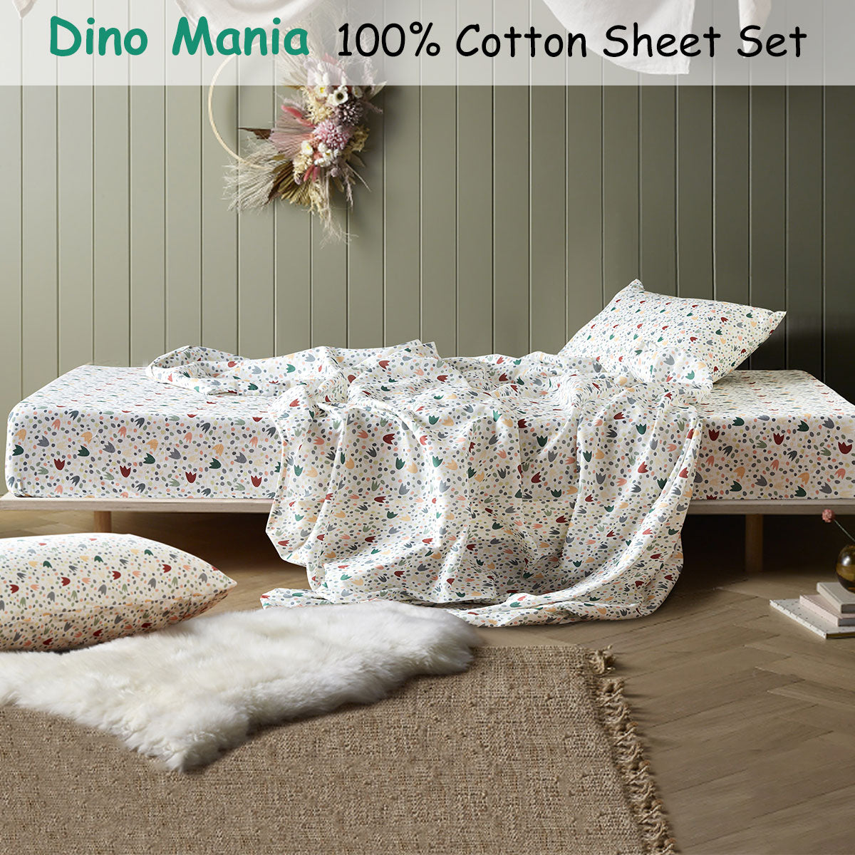 Happy Kids Dino Mania Green Cotton Sheet Set King Single