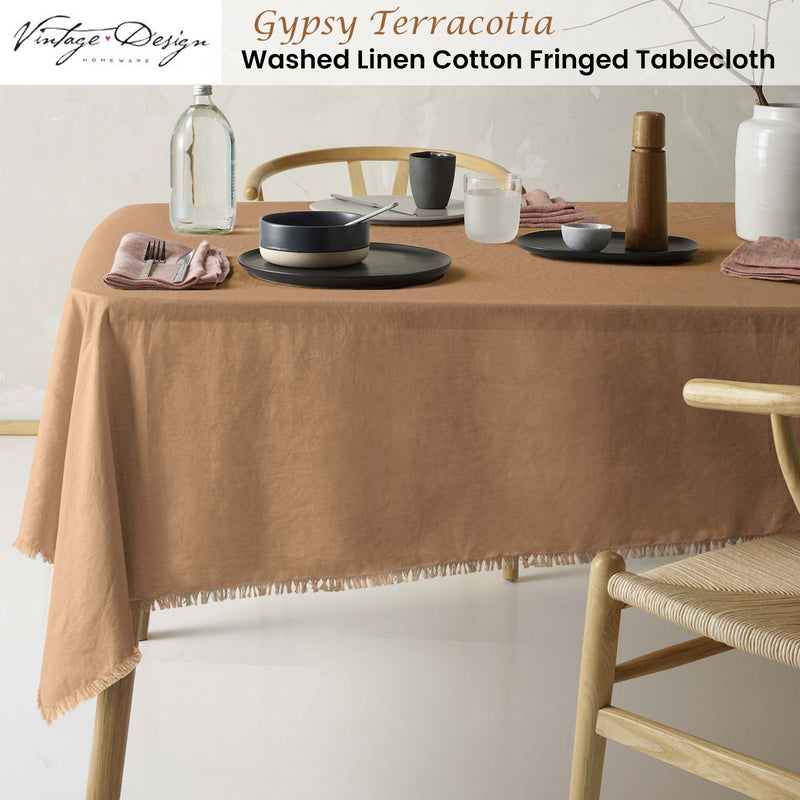 Vintage Design Homewares Gypsy Terracotta Fringed Washed Linen Cotton Tablecloth 130cm x 180cm