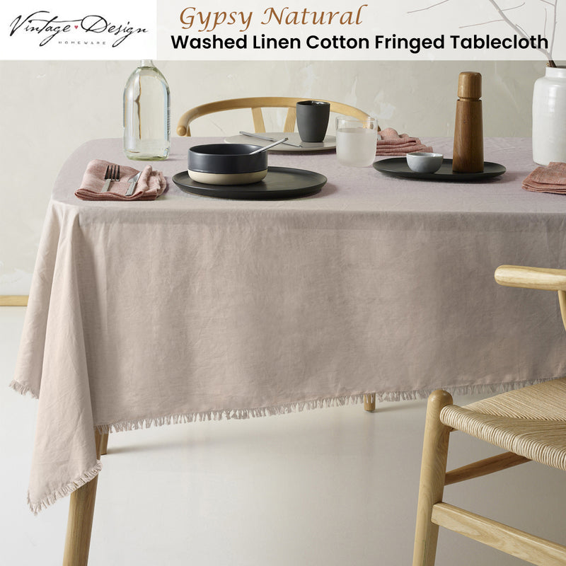 Vintage Design Homewares Gypsy Natural Fringed Washed Linen Cotton Tablecloth 150cm x 230cm