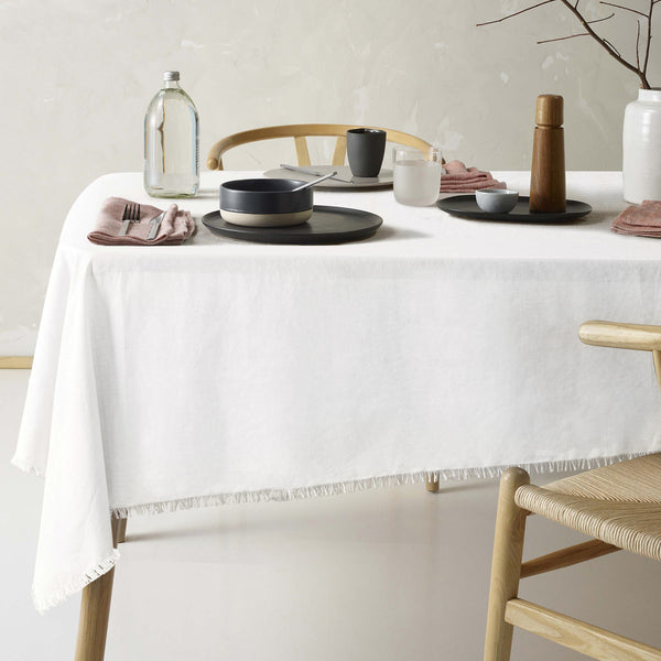 Vintage Design Homewares Gypsy White Fringed Washed Linen Cotton Tablecloth 150cm x 230cm