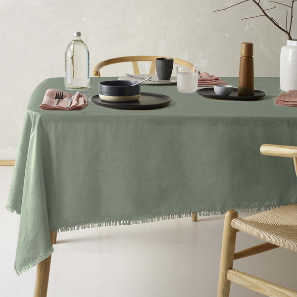 Vintage Design Homewares Gypsy Green Fringed Washed Linen Cotton Tablecloth 150cm x 300cm