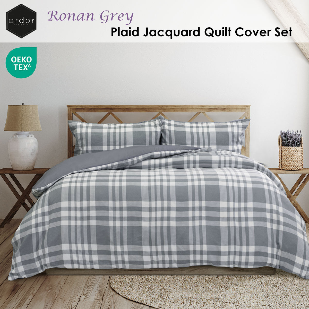 Ardor Ronan Grey Plaid Jacquard Quilt Cover Set Queen