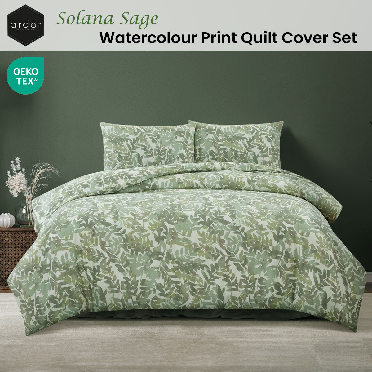 Ardor Solana Sage Watercolour Print Quilt Cover Set King