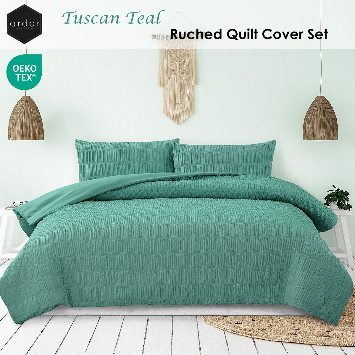 Ardor Tuscan Teal Ruched Quilt Cover Set Queen