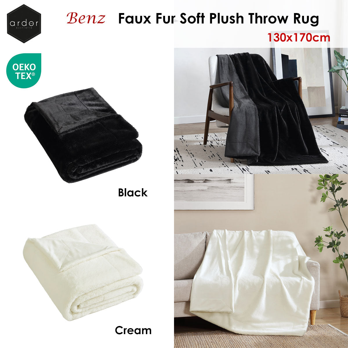 Ardor Benz Faux Fur Soft Plush Throw Rug 130x170cm Cream
