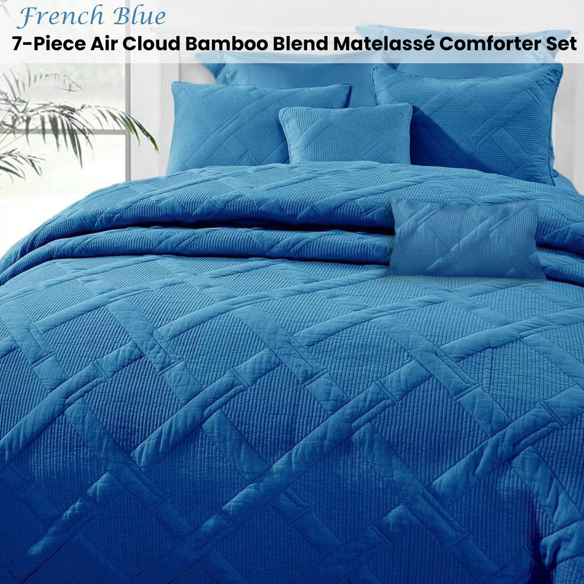Ramesses French Blue 7- Piece Air Cloud Bamboo Blend Matelasse Comfort Set Queen