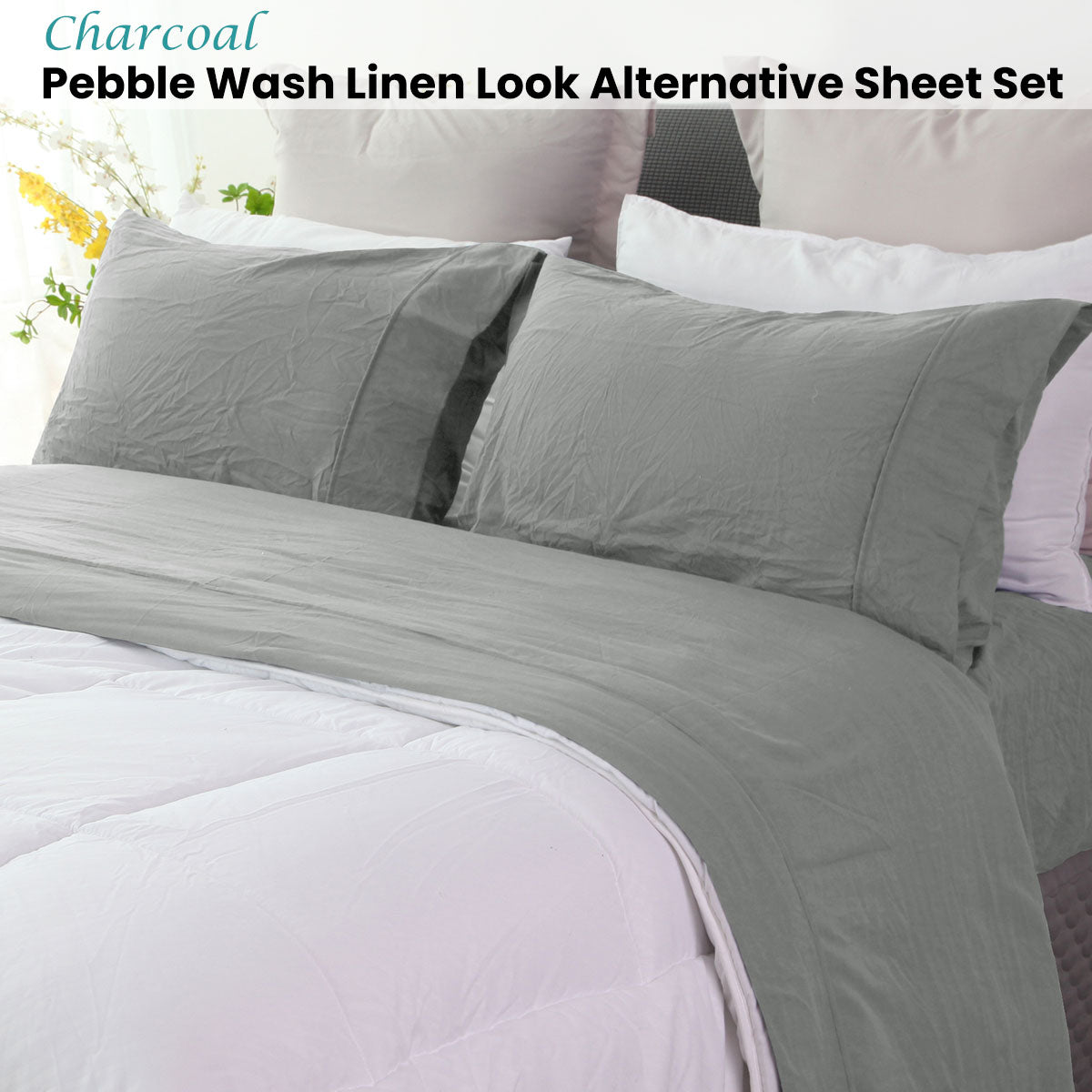 Ramesses Charcoal Pebble Wash Linen Look Alternative Sheet Set King Single