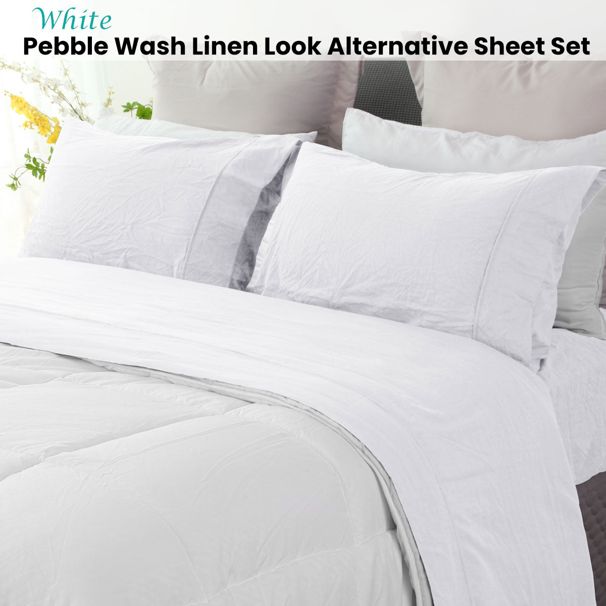 Ramesses White Pebble Wash Linen Look Alternative Sheet Set Queen