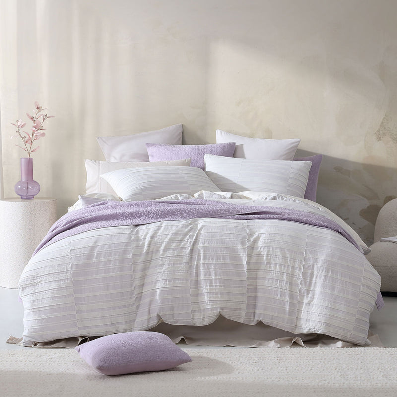 Platinum Collection Balmoral Lilac 100% Cotton Woven Check Stripes Quilt Cover Set Queen