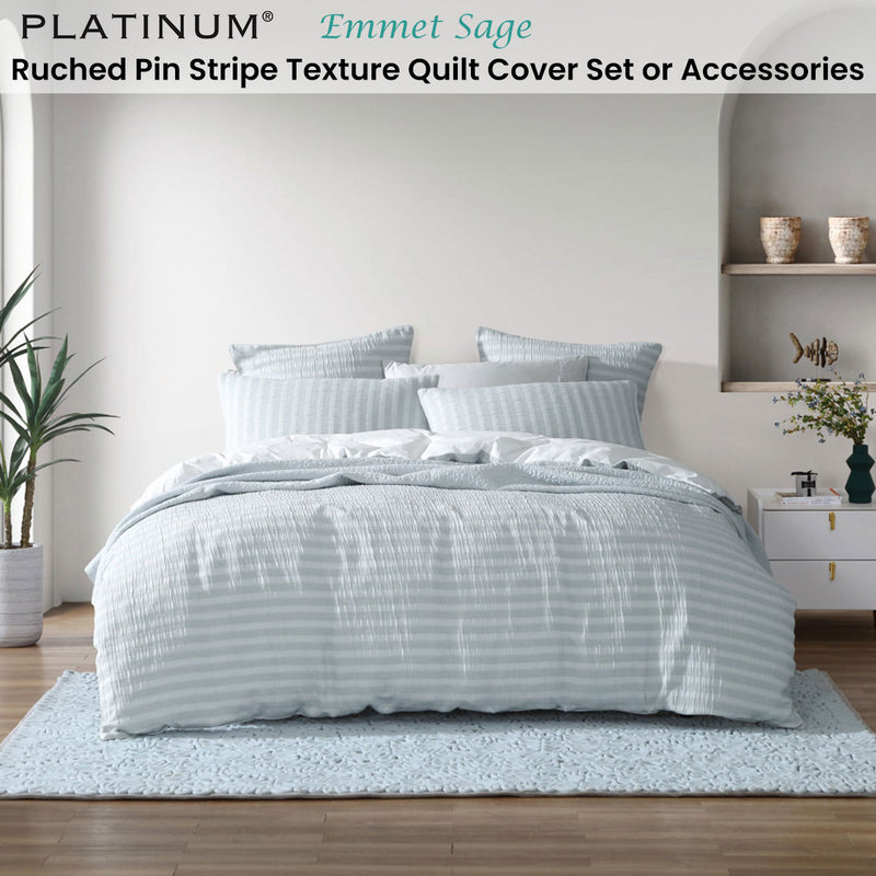 Platinum Collection Emmet Sage Ruched Pin Striped Quilt Cover Set Queen