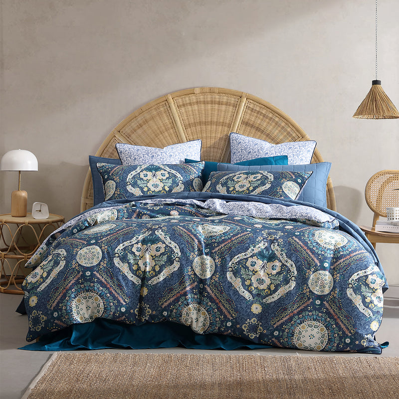 Logan and Mason 250TC Kashmir Mid Blue Cotton Sateen Quilt Cover Set King