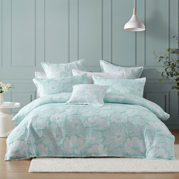 Platinum Collection Poppi Aqua Cotton Polyester Jacquard Quilt Cover Set Super King