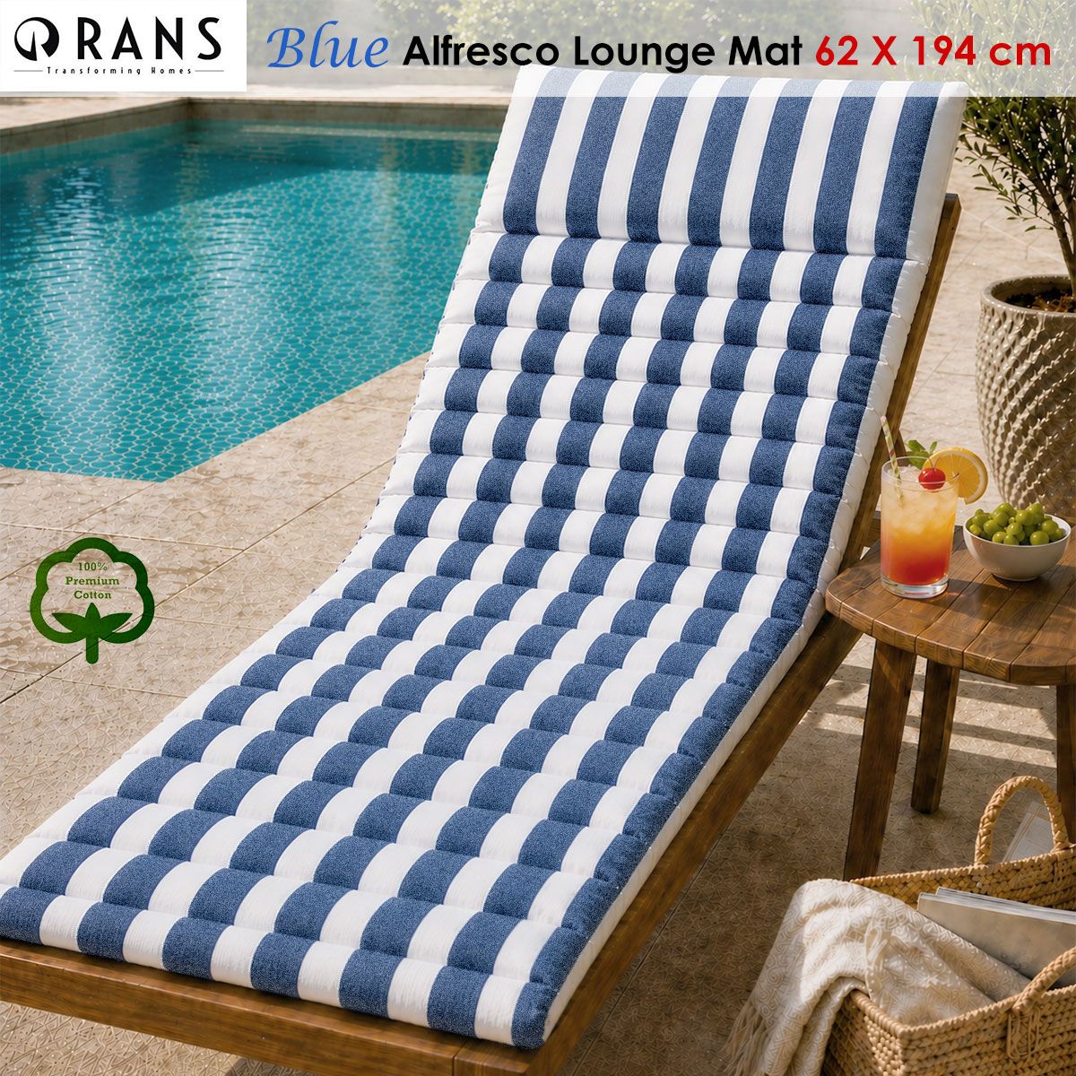 Rans Blue Alfresco Cotton Outdoor Indoor Lounge Mat 62 x 194 cm