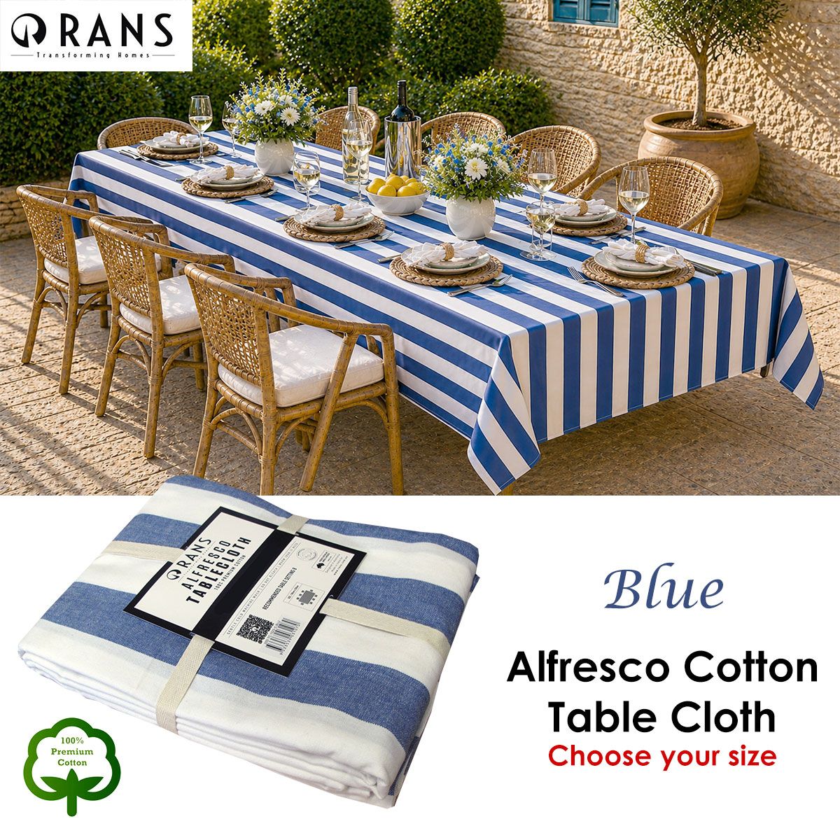 Rans Blue Alfresco Stripes Cotton Tablecloth - Choose from 2 sizes 150cm x 250cm
