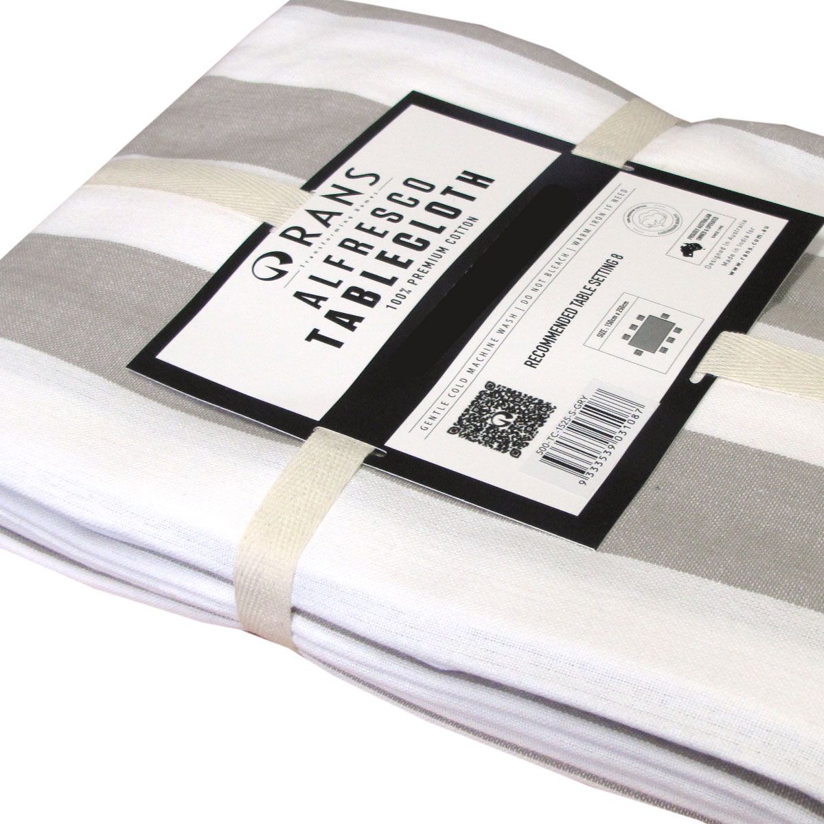 Rans Grey Alfresco Stripes Cotton Tablecloth - Choose from 2 sizes 150cm x 300cm