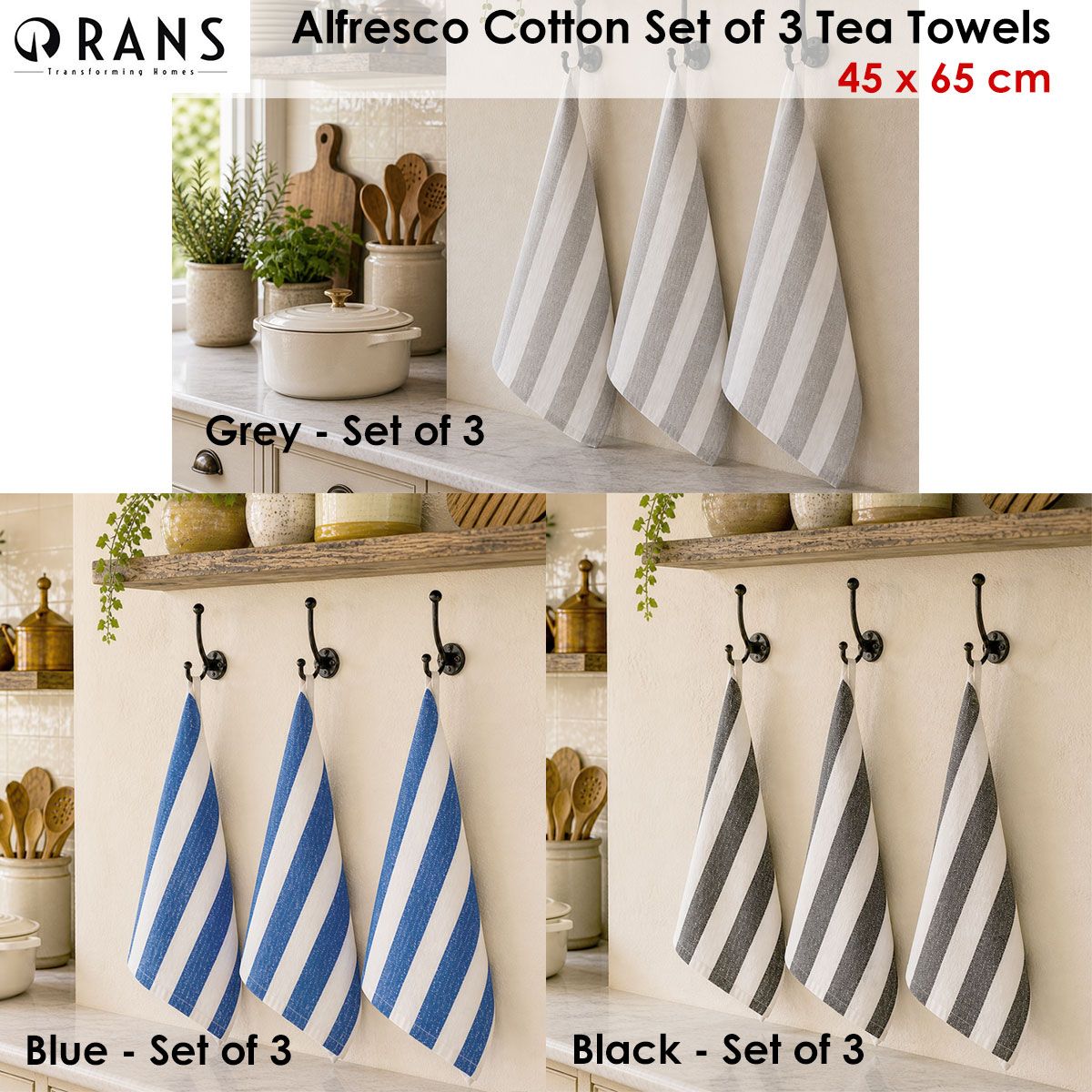 Rans Alfresco Stripes Cotton Set of 3 Tea Towels 45 x 65 cm Black