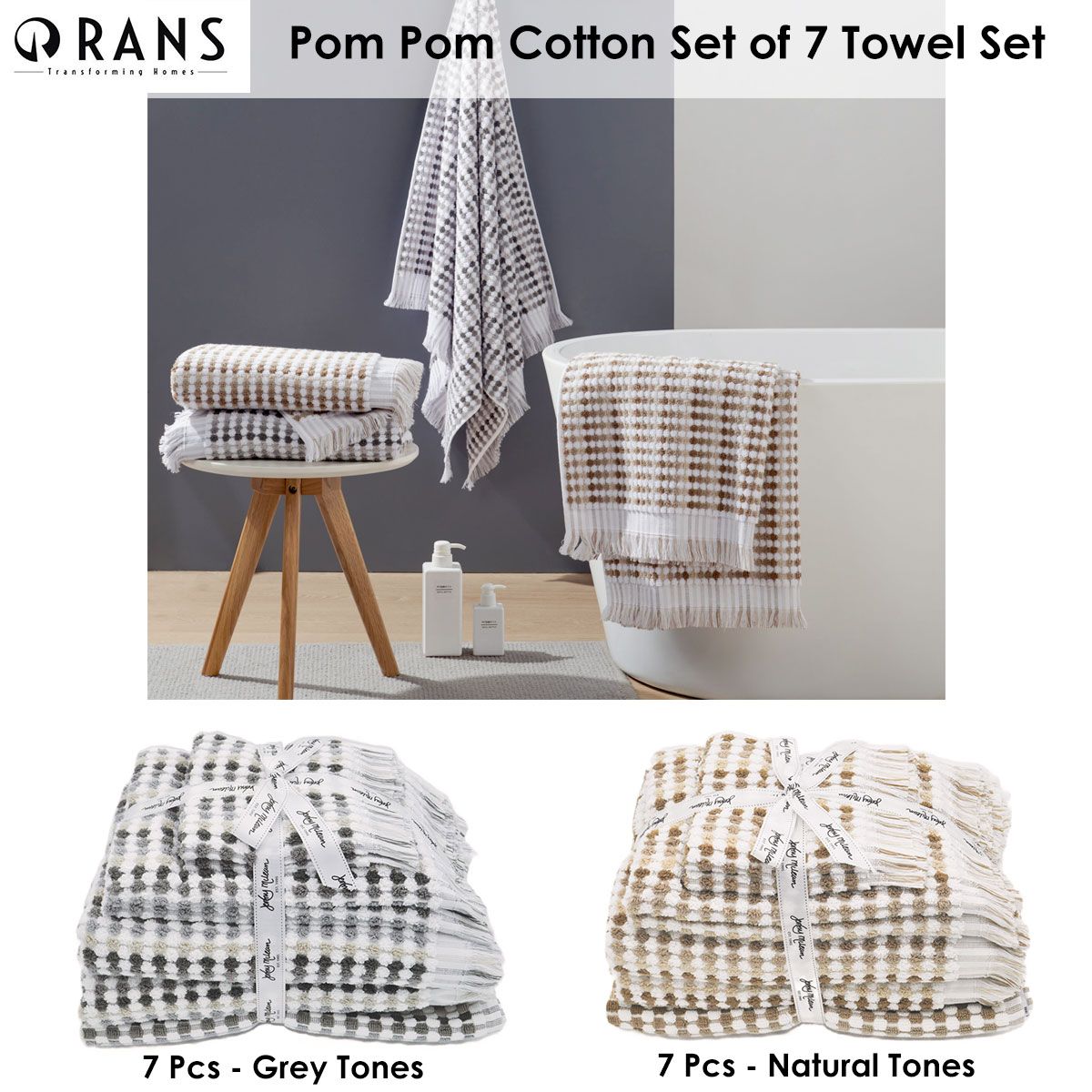 Jenny Mclean Pom Pom Cotton Set of 7 Towel Set Grey Tones